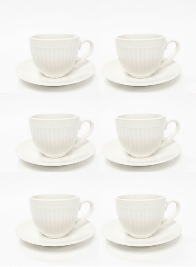 Feelings Ceramic Tea Cup & Saucer Set, includes 6 × 90ml Ceramic Tea Cups, 6 × Ceramic Saucers, serves 6 people, white - Image 1
